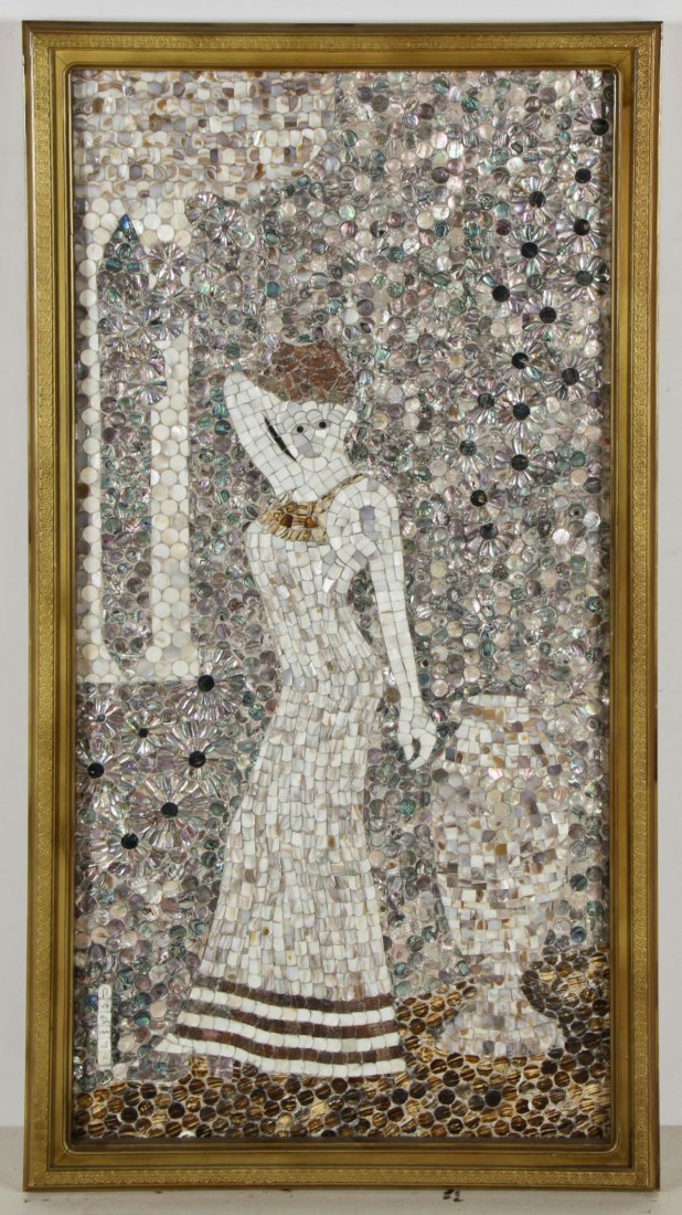 John J. Stanko (American, 1925-2014) Abalone Shell: John J. Stanko (American, 1925-2014) Abalone Shell Mosaic, Woman in Standing Pose, framed. Size: 51" x 26.75", 130 x 68 cm (frame). Provenance: estate of the artist.The sale debuts the work of a newly