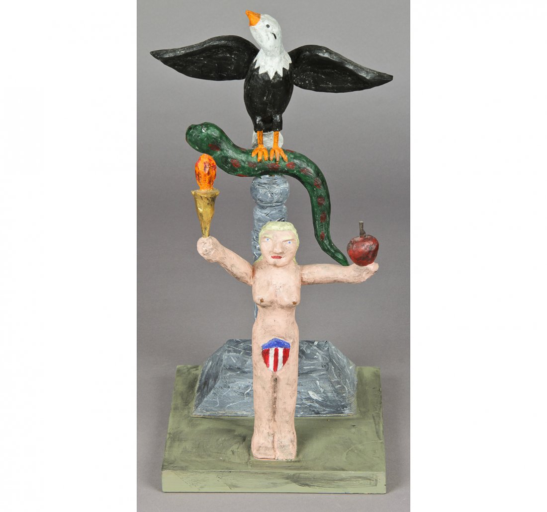 Gerald Anderson (20th c.) Eve of Liberty: Gerald Anderson (20th c.) Eve of Liberty, carved and painted wood folk art sculpture. Size: 22" x 11" x 11" (56 x 28 x 28 cm). Proceeds from the sale of this item to benefit the Sterling Strauser Gall