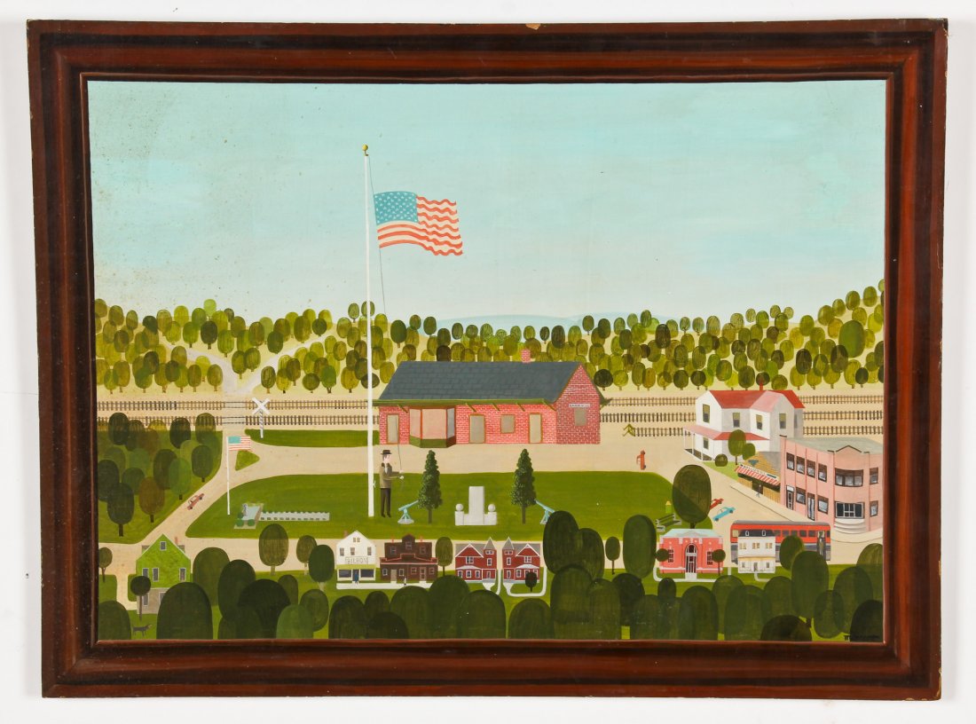 Jack Moment (American, 20th c.) Town: Jack Moment (American, 20th c.) Town, oil painting on board. Size: 24" x 32", 61 x 81 cm (board). Literature: American Folk Art of the Twentieth Century (1983) by Jay Johnson.