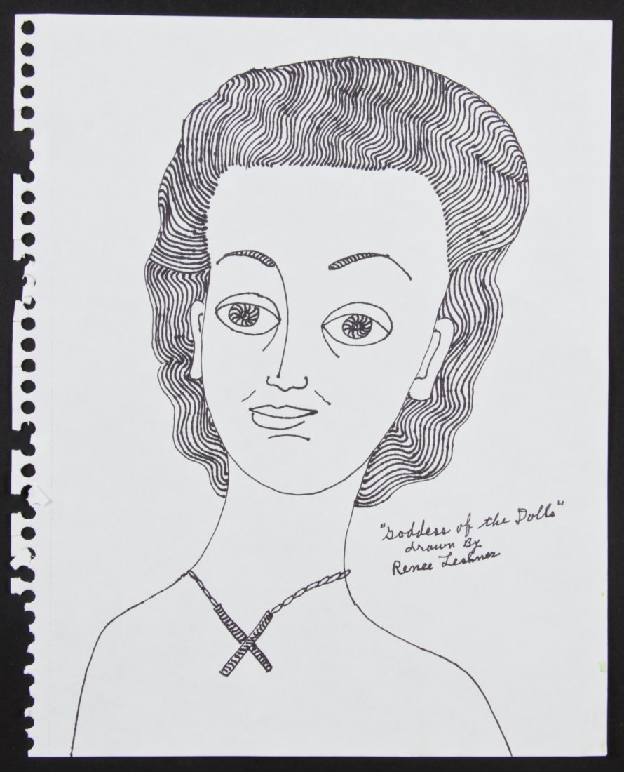 Renee Leshner (20th c.) Goddess of the Dolls: Renee Leshner (20th c.) Goddess of the Dolls, ink drawing. Size: 11" x 8.5" (28 x 22 cm). Proceeds from the sale of this item to benefit the Sterling Strauser Gallery at East Stroudsburg University.