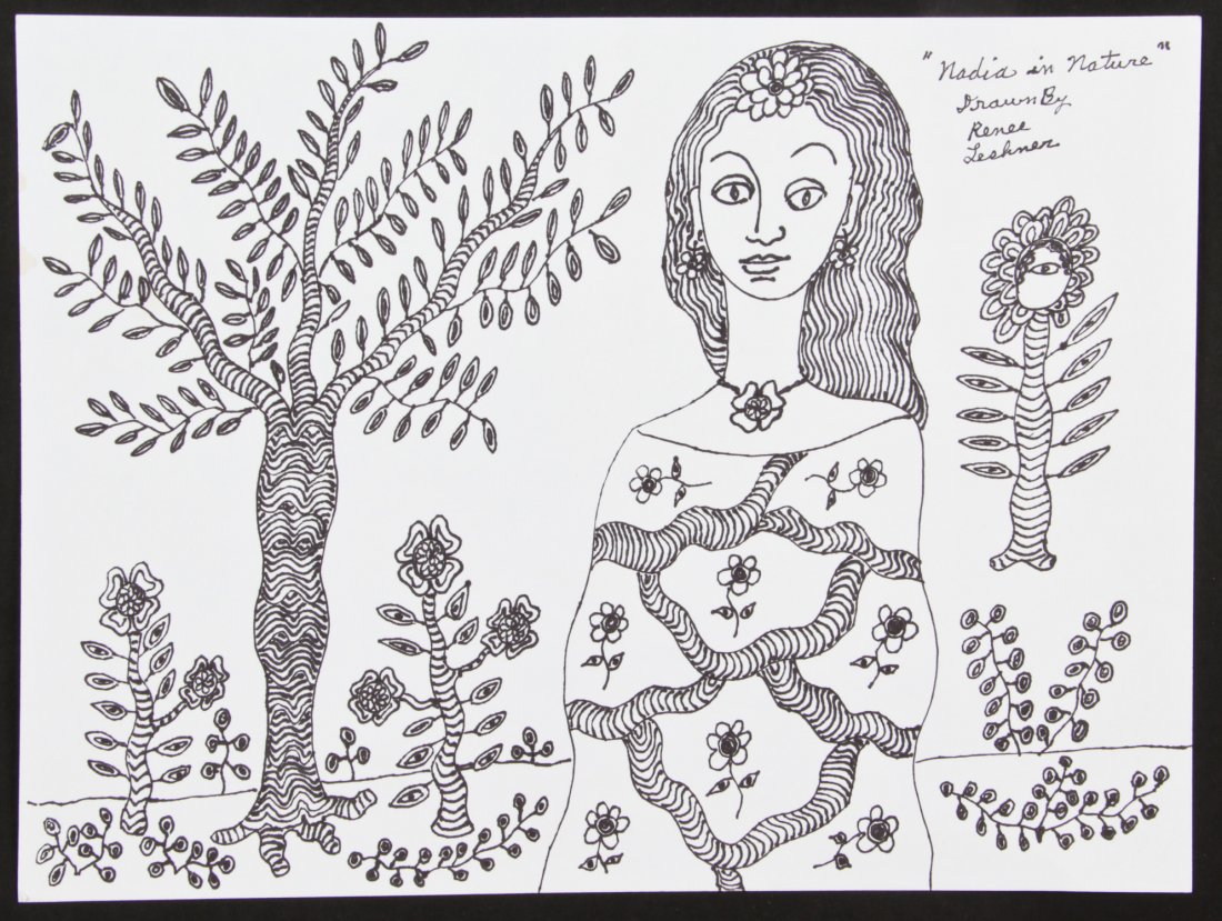 Renee Leshner (20th c.) Nadia in Nature: Renee Leshner (20th c.) Nadia in Nature, ink drawing. Size: 9" x 12" (23 x 30 cm). Proceeds from the sale of this item to benefit the Sterling Strauser Gallery at East Stroudsburg University.