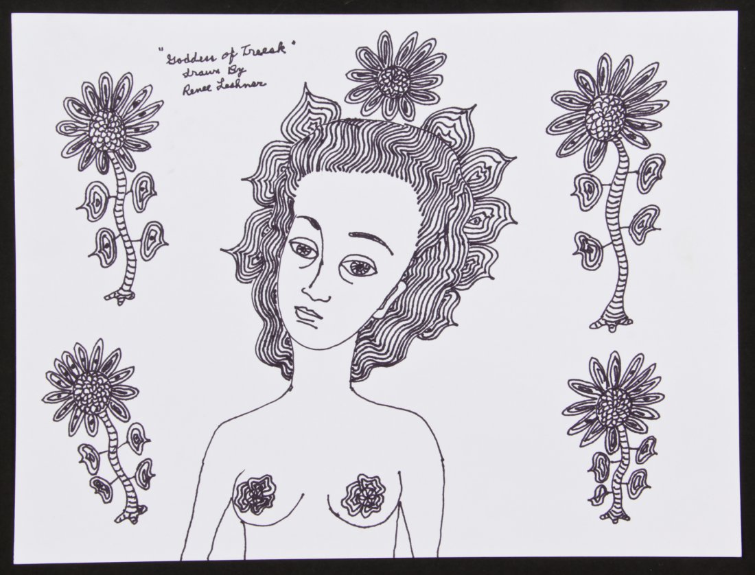 Renee Leshner (20th c.) Goddess of Treesk: Renee Leshner (20th c.) Goddess of Treesk, ink drawing. Size: 9" x 12" (23 x 30 cm). Proceeds from the sale of this item to benefit the Sterling Strauser Gallery at East Stroudsburg University.