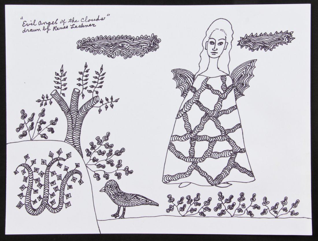 Renee Leshner (20th c.) Evil Angel of the Clouds: Renee Leshner (20th c.) Evil Angel of the Clouds, ink drawing. Size: 9" x 12" (23 x 30 cm). Proceeds from the sale of this item to benefit the Sterling Strauser Gallery at East Stroudsburg University.