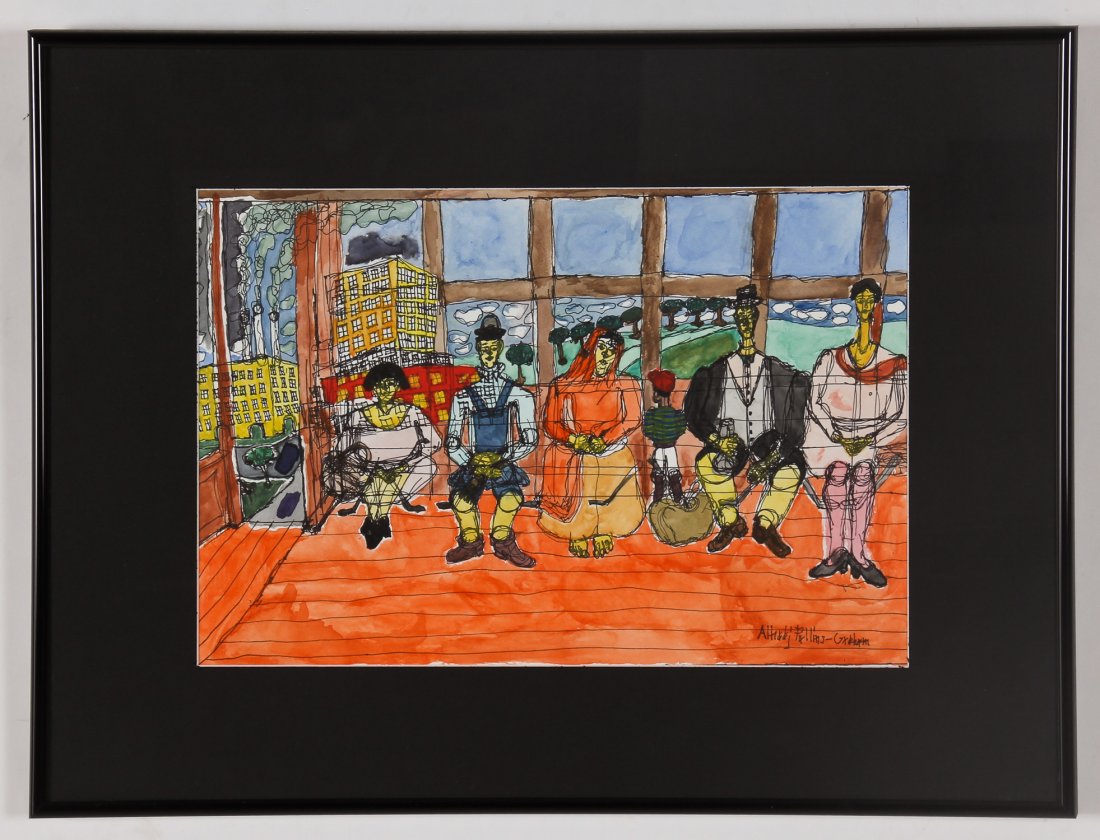 Alhadji Pullins-Graham (20th c.) "Waiting for the Bus": Alhadji Pullins-Graham (20th c.) "Waiting for the Bus", 2010 11 1/2x 17, watercolor & ink painting. Size: 11.25" x 16.5", 29 x 42 cm (sight); 18.25" x 24.25", 46 x 62 cm (frame). Proceeds from the sal