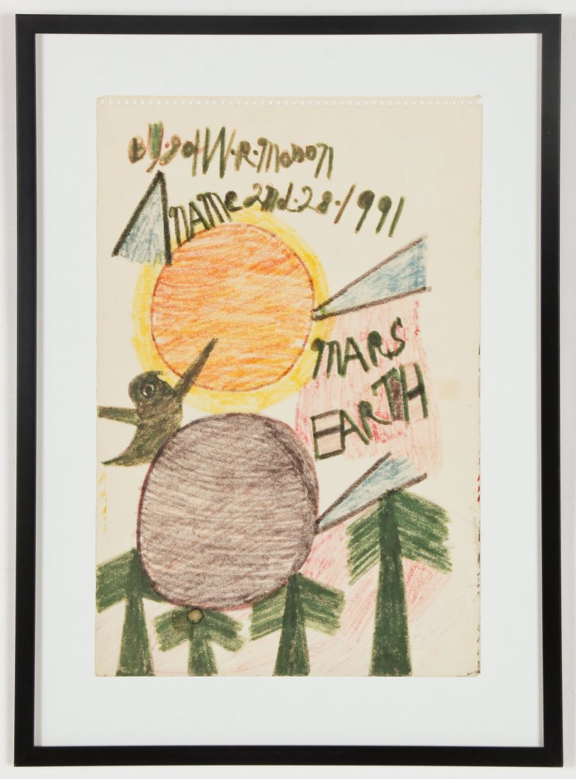 John Mason (20th c.) 1991 Mars and Earth: John Mason (20th c.) 1991 Mars and Earth, marker drawing on paper. Size: 18" x 12", 46 x 30 cm (sheet); 23" x 17", 58 x 43 cm (frame). Proceeds from the sale of this item to benefit the Sterling Strau