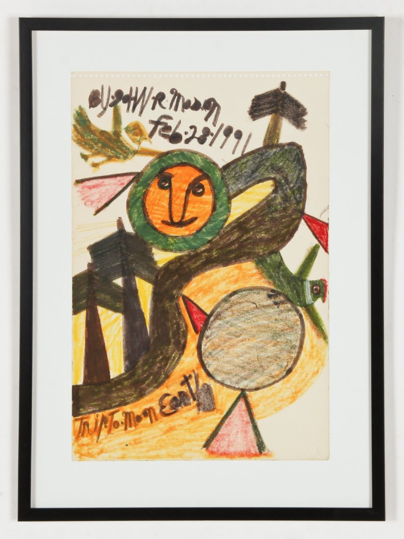 John Mason (20th c.) Feb 28 1991, Trip to Moon Earth: John Mason (20th c.) Feb 28 1991, Trip to Moon Earth, marker drawing on paper. Size:18" x 12", 46 x 30 cm (sheet); 23" x 17", 58 x 43 cm (frame). Proceeds from the sale of this item to benefit the Ste
