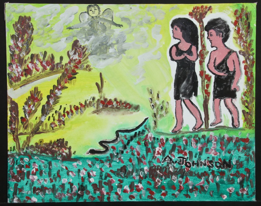 Anderson Johnson (American, 1915-1998) Adam and Eve: Anderson Johnson (American, 1915-1998) Adam and Eve, painting. Size: 16" x 20", 41 x 51 cm (board). Proceeds from the sale of this item to benefit the Sterling Strauser Gallery at East Stroudsburg Uni
