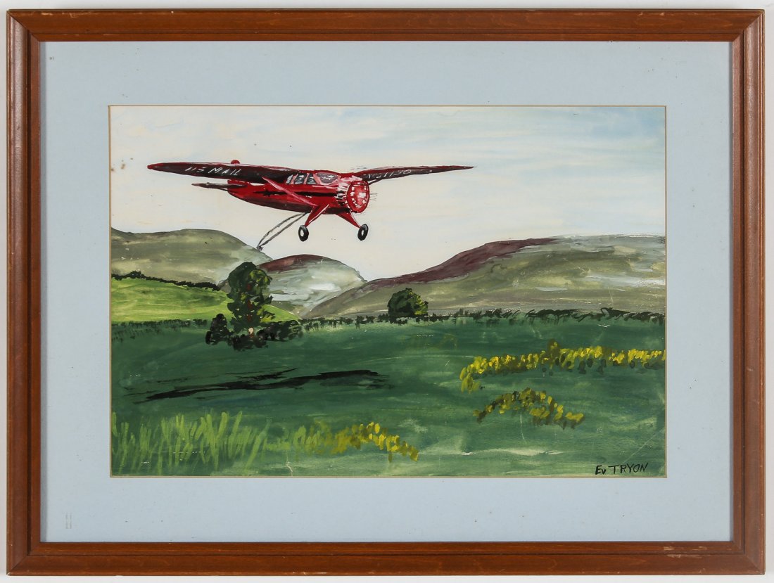 Ev Tryon (20th c.) Red Aircraft Painting: Ev Tryon (20th c.) Red Plane, painting on artist board. Size: 11.5" x 17.5", 29 x 44 cm (sight); 17.5" x 23.5", 44 x 60 cm (frame). Proceeds from the sale of this item to benefit the Sterling Strauser