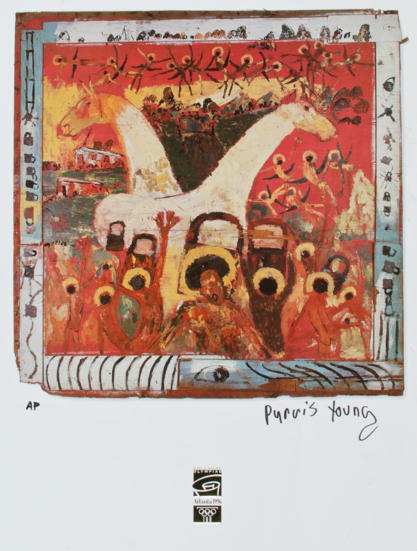 Purvis Young (American, 1943-2010) Signed Poster, AP: Purvis Young (American, 1943-2010) Signed Poster, AP. Size: 25" x 18" (64 x 46 cm). Proceeds from the sale of this item to benefit the Sterling Strauser Gallery at East Stroudsburg University.