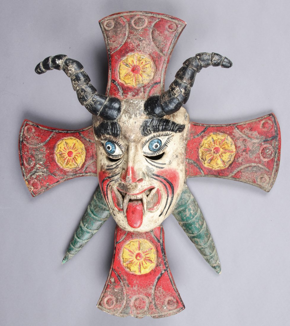 Antique Mexican Mask: Antique Mexican Mask. Pre 1900's mask from Dance of the Devils. Carved and painted wood. Size: 26" x 23" x 7" (66 x 58 x 18 cm). Prov: Richard and Jean Kellaway; Danforth Museum, Framingham, Mass., in