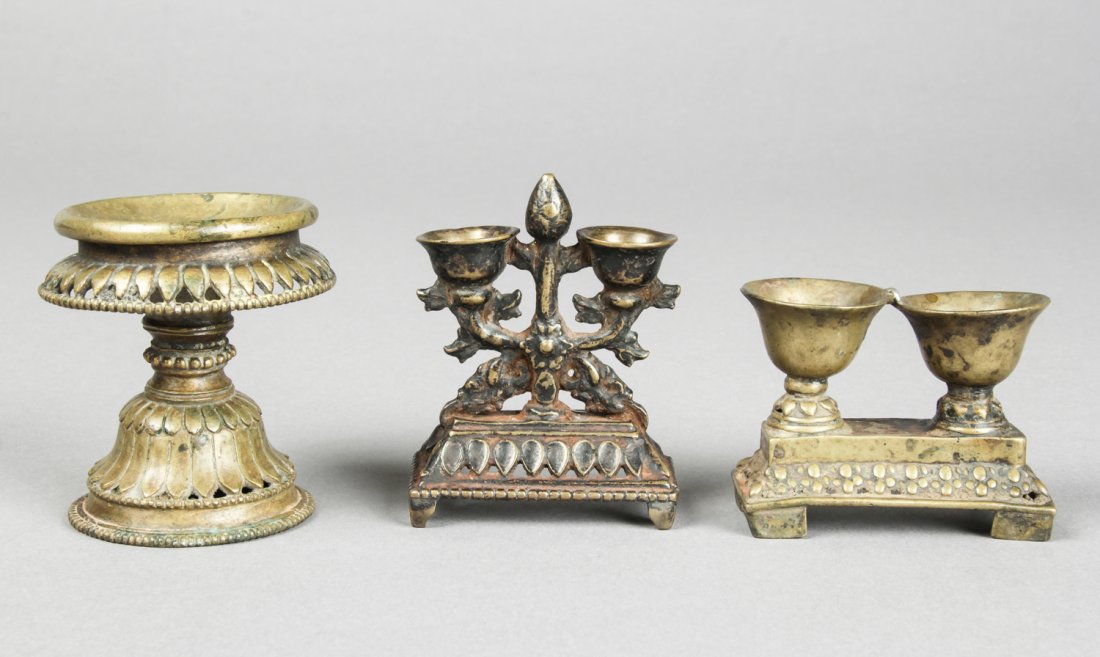 3 Bronze Containers/Lamps, 19th c.: 3 Bronze Containers/Lamps, 19th c., Nepal. Size: largest 3.25" x 3" diameter (8.5 x 7.5 cm). Provenance: Matthew Friedman Collection. Matthew Friedman is author of three books on the subject of antiqu