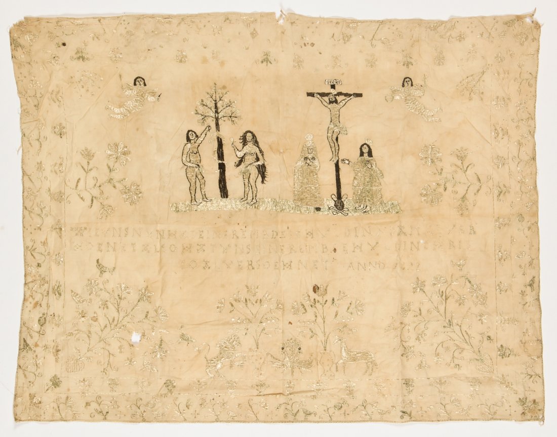 Antique Silk and Cotton Embroidery: Adam and Eve: Antique Silk and Cotton Embroidery: Adam and Eve, 17/18th c., silk floss, cotton. Provenance: De Hoogh Gallery, Philadelphia. Size: 28" x 36" (71 x 91 cm).