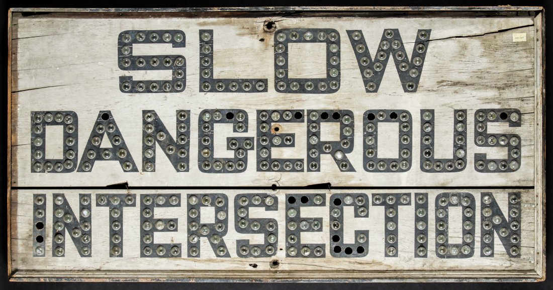 Antique Cat Eye Glass Marble Road Sign: Antique Cat Eye Glass Marble Road Sign. Size: 24.5" x 48" (62 x 122 cm). Provenance: Kristina Barbara Johnson Estate, Princeton, New Jersey.