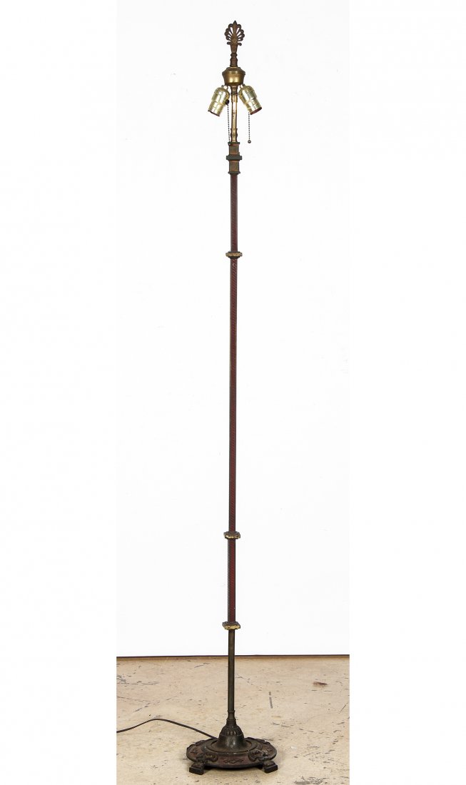 Arts And Crafts Style Cast Iron Torchiere: Arts And Crafts Style Cast Iron Torchiere. Stamped Rembrandt. Size: 69" x 14" x 14", 175 x 36 x 36 cm (with shade). Provenance: Kristina Barbara Johnson Estate, Princeton, New Jersey.