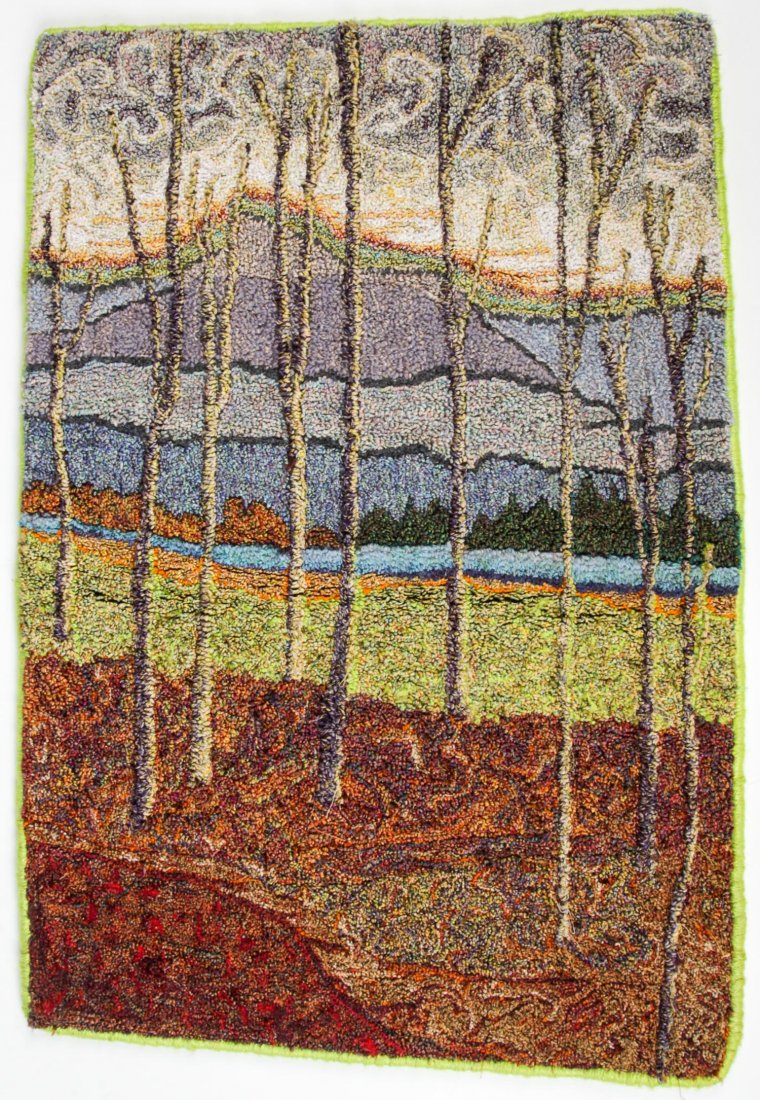 Anne Marie Littenberg (American) Hooked Rug: Landscape: Anne Marie Littenberg (American) Hooked Rug: Landscape of Fields and Hills. Size: 27" x 19" (69 x 48 cm). Provenance: Kristina Barbara Johnson Estate, Princeton, New Jersey.