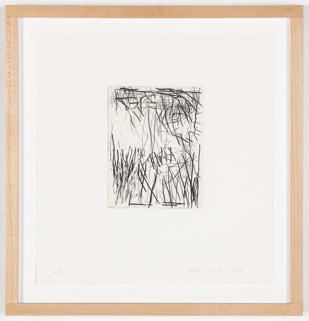 Bill Scott (American, 1956) "Cindi's Wall", 1999: Bill Scott (American, 1956) "Cindi's Wall", 1999, etching, from an edition of 30. Size: 11.5" x 11", 29 x 28 cm (sheet); 14.5" x 14", 37 x 36 cm (frame).