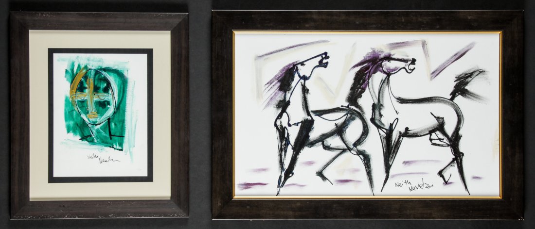 Neith Nevelson, (American/New York, b. 1946) Two Works: Neith Nevelson, (American/New York, b. 1946) Two Works: 1) Wild Horses, mixed-media painting on canvas. Size: 17" x 27", 43 x 69 cm (stretcher); 20.5" x 30.5", 52 x 77 cm (frame). 2) Face, mixed media