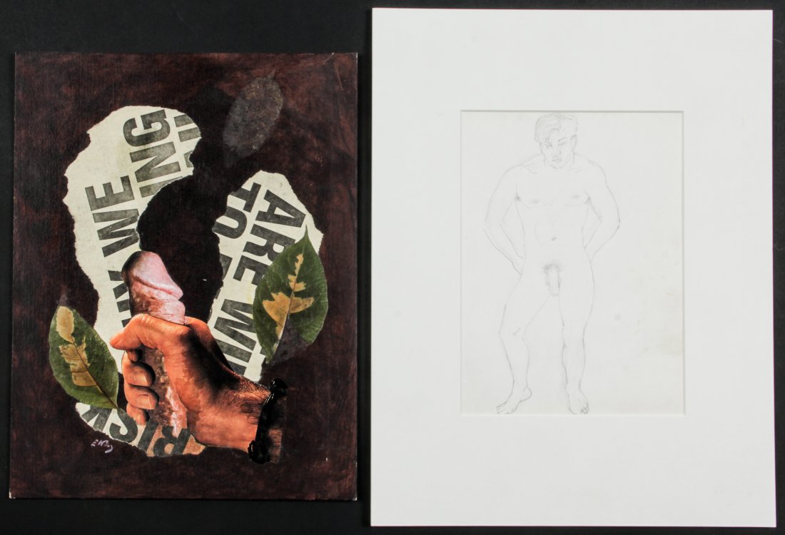 Emlen Pope Etting (American, 1905-1993) Two Works: Emlen Pope Etting (American, 1905-1993) Two Works: a Mixed Media Collage, 15.5" x 12" (39 x 30 cm) and a Pencil Drawing of a male nude model, 10.5" x 8", 27 x 20 cm (sheet); 18" x 14", 46 x 36 cm (mat