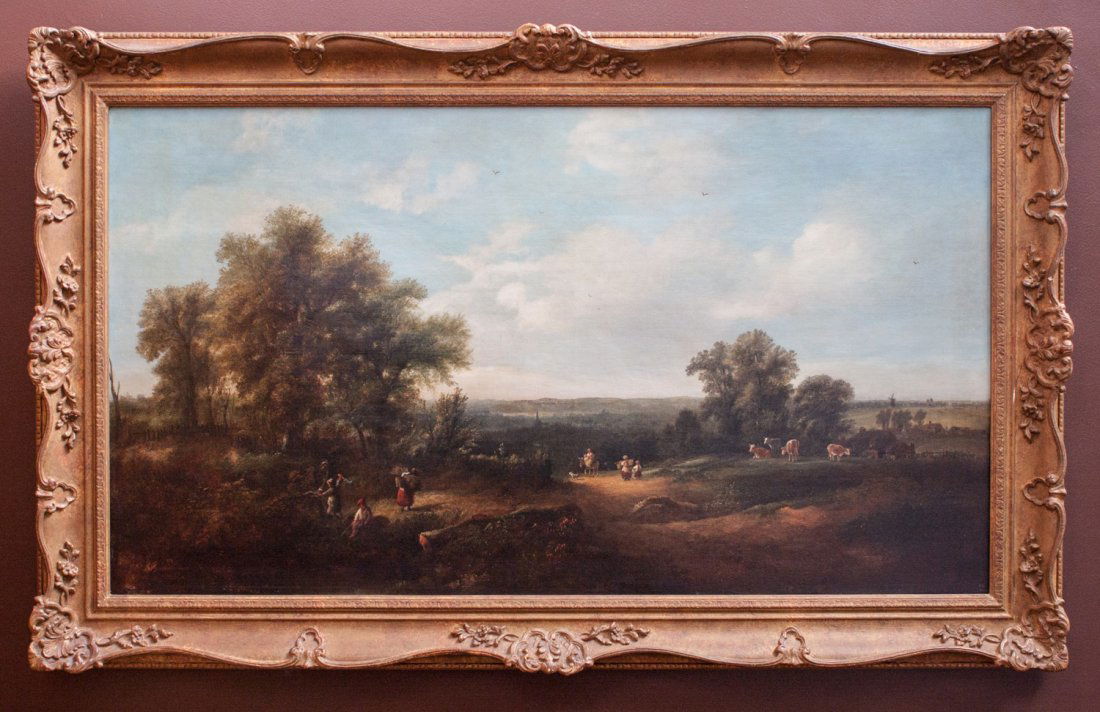 Antique 19th c. British Landscape Painting: Antique 19th c. British Pastoral Landscape Painting, School of John Constable, oil on canvas, in a carved wood frame. Provenance: ex Suffolk, England Estate; Private Collection. Size: 24" x 42", 61 x