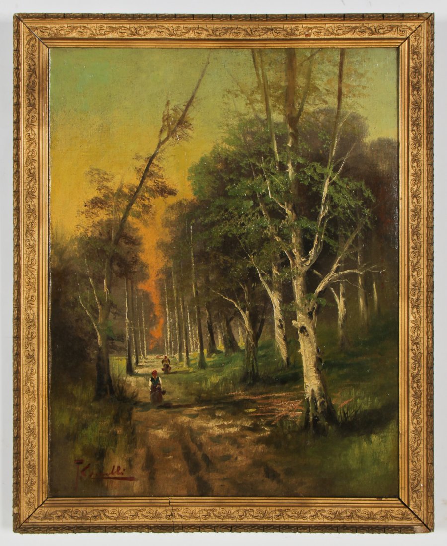 European School (Early 20th c.) Landscape at Sunset: European School (Early 20th c.) Landscape at Sunset, oil on canvas. Size: 25.5" x 20", 65 x 51 cm (stretcher); 28.75" x 23.25", 73 x 59 cm (frame).