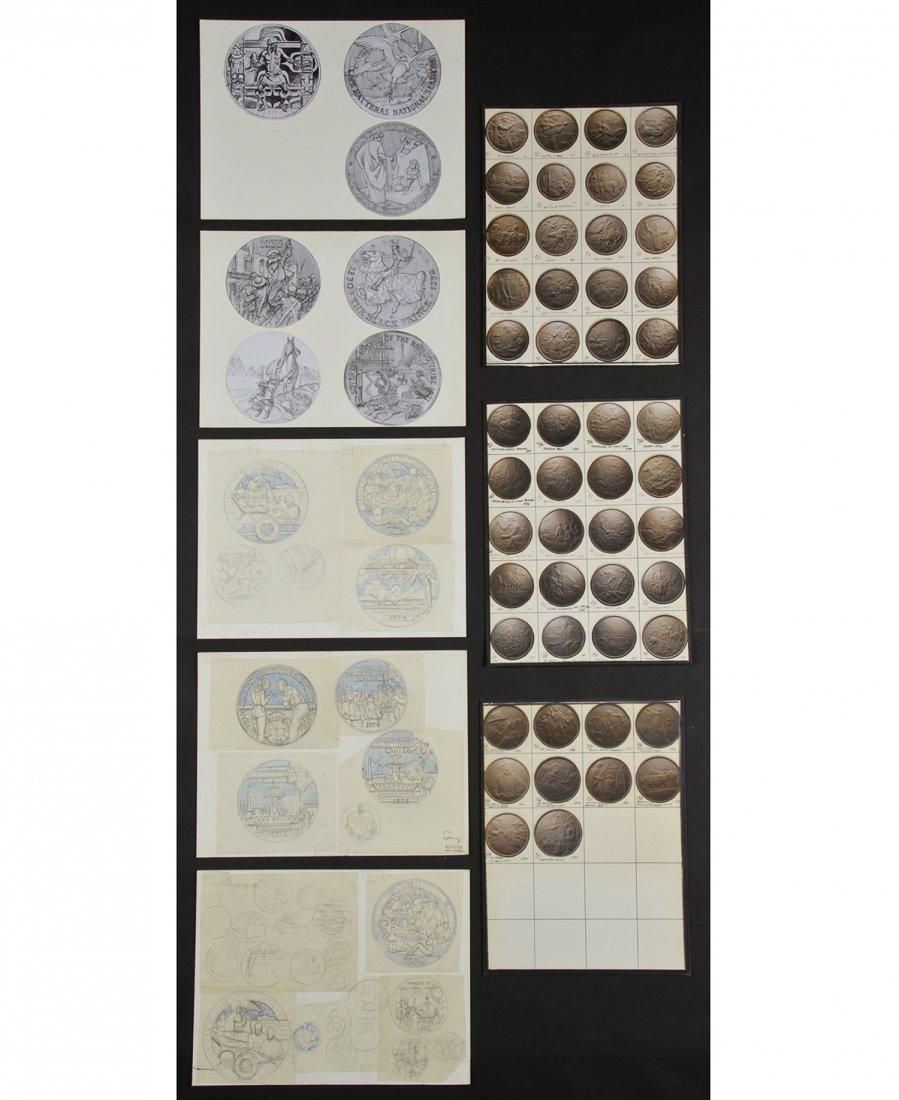 Franklin Mint Ephemera: Franklin Mint Ephemera. Rendering and mock ups of commemorative medallions or coins featuring vignettes of The 200 Year History of the United States in (the)Commemorative Limited Edition Set. Each Siz