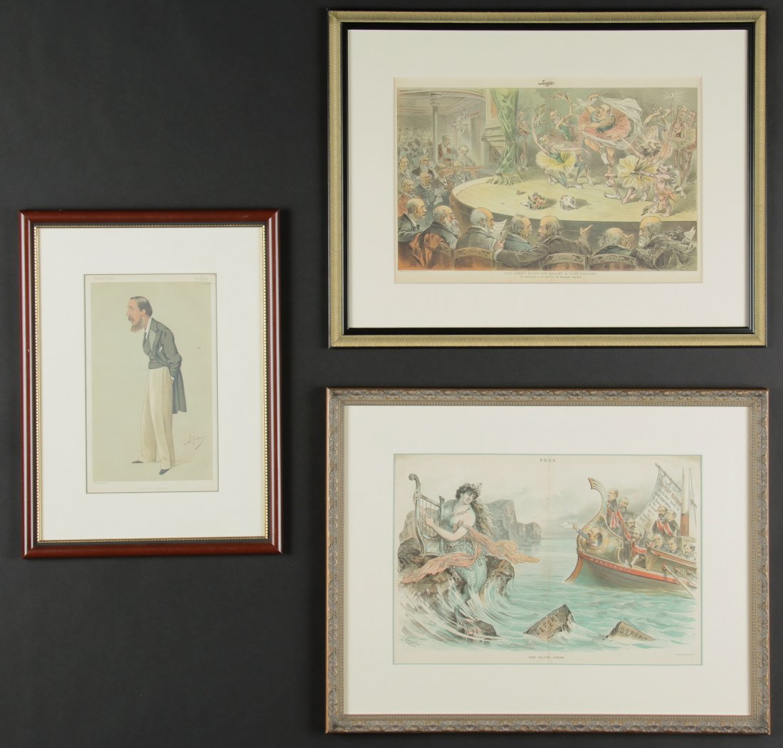 3 Framed Lithographs: 3 Framed Lithographs: including Political cartoon "The Great Mugwump Balletäó_" by Zimmerman, from Judge magazine; Political print from "Puck" magazine; "The Silver Syren" by Keppler; An illustratio