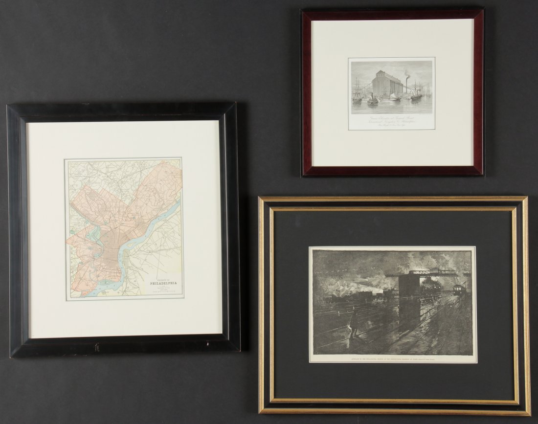 Group of 3 Framed 'Philadelphia' Theme Prints: Group of 3 Framed 'Philadelphia' Theme Prints: Grain Elevator at Girard Point/ International Navigation Co. Philadelphia; Harper's Weekly 1886, Joseph Pennell; Approach to the Phila Station of the Pen