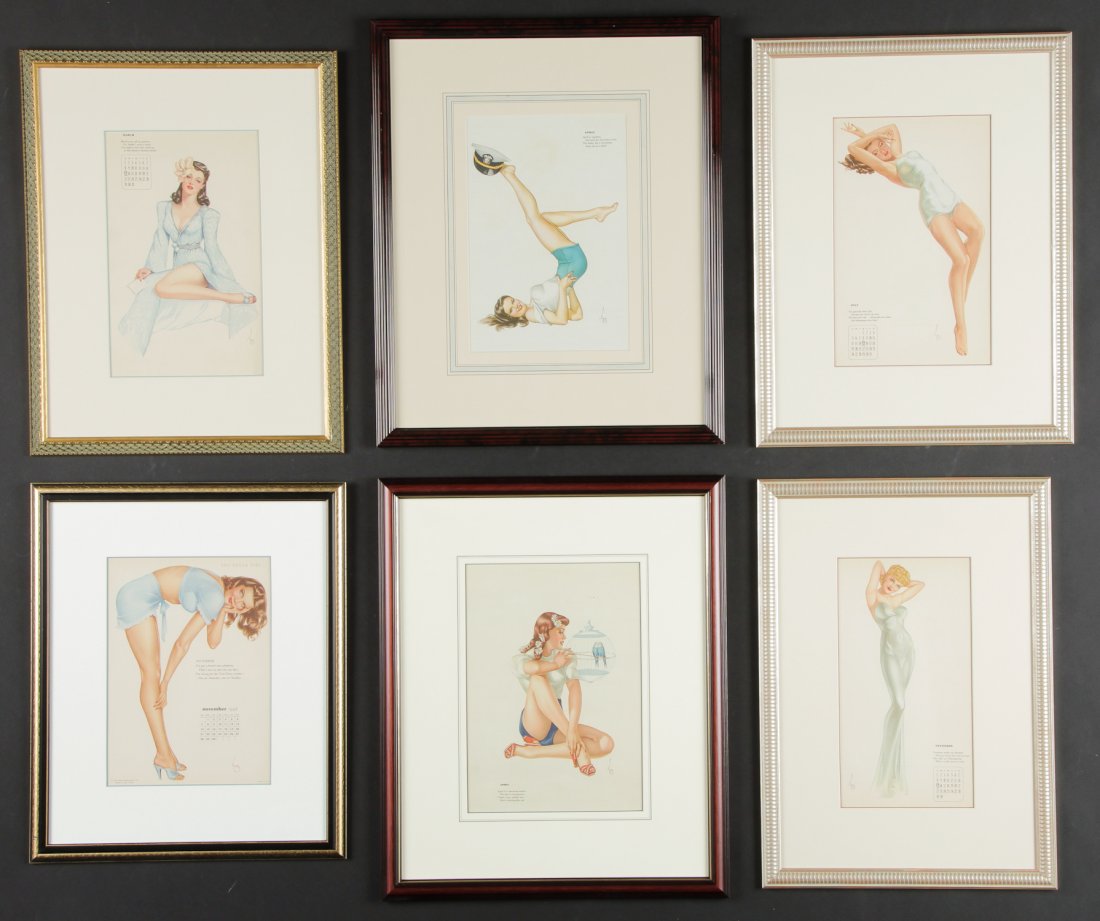 6 Vintage Vargas Pin-up Calendar Pages, each: 6 Vintage Alberto Vargas Pinup Calendar Pages, each professionally framed. Ranging in frame size from 19.25" x 16" (49 x 41 cm) to 22" x 18" (56 x 46 cm).