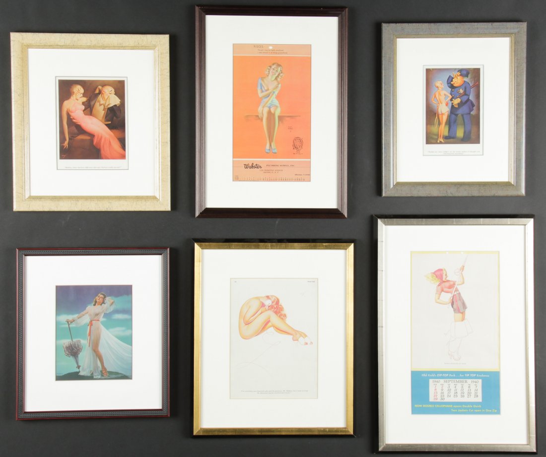 6 Vintage Framed Pinups: Collection of 6 Vintage Framed Pinups: including Pardon me, missäó_; Darling, what difference does age makeäó_?; Earl Moran "Pisces" Calendar; Petty "I'm returning your fraternity pin"; each profe