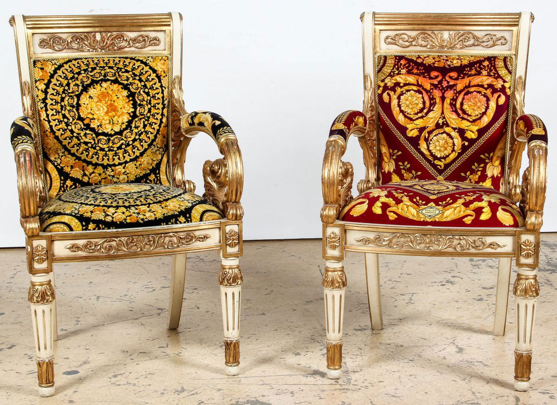 Pair Versace Louis XVI Style Bergeres: Pair Versace Louis XVI Style Bergeres. Each have Gianni Versace nameplate affixed. Each Size: 36" x 22" x 24" (91 x 56 x 61 cm). Provenance: New England estate.