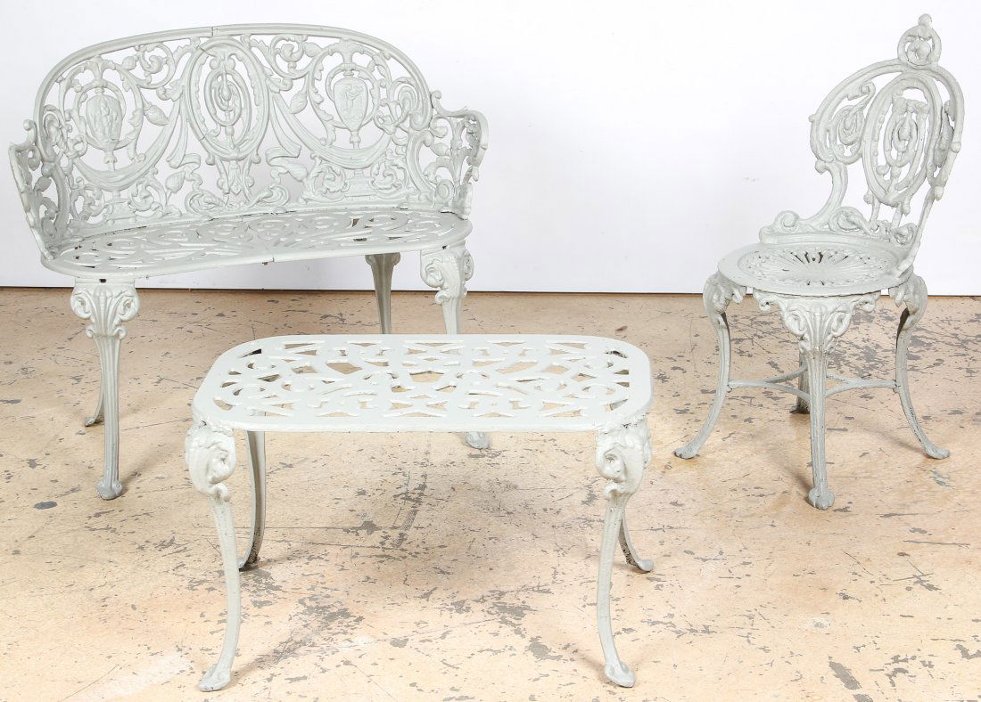 Vintage Painted Cast Metal Garden Seating: Vintage Painted Cast Metal Garden Seating. Consisting of a bench, chair, and low table. Largest Size: 32.5" x 38" x 21" (83 x 97 x 53 cm). Provenance: Suburban Philadelphia estate.