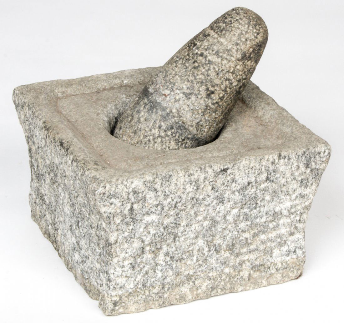 Large Carved Stone Mortar and Pestle: Large Carved Stone Mortar and Pestle. Size: 8" x 12" x 12" (20 x 30 x 30 cm). Provenance: Private collection, Voorhees, NJ.