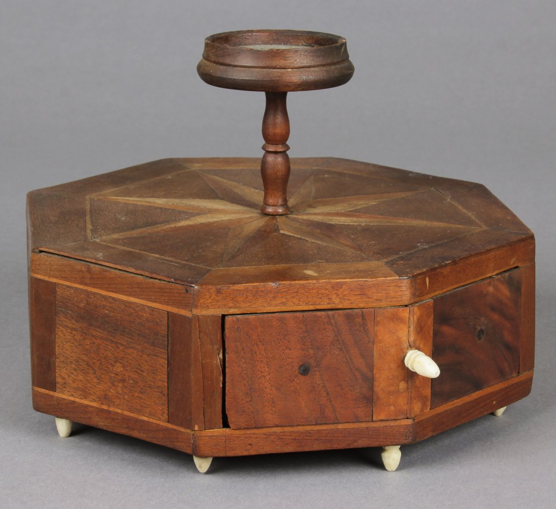 Antique Parquetry Sewing Box: Antique Parquetry Sewing Box. Octagonal box with single scissors draw with raised pin cushion tray. Size: 7" x 9.5" x 9.5" (18 x 24 x 24 cm). Provenance: Suburban Philadelphia estate.