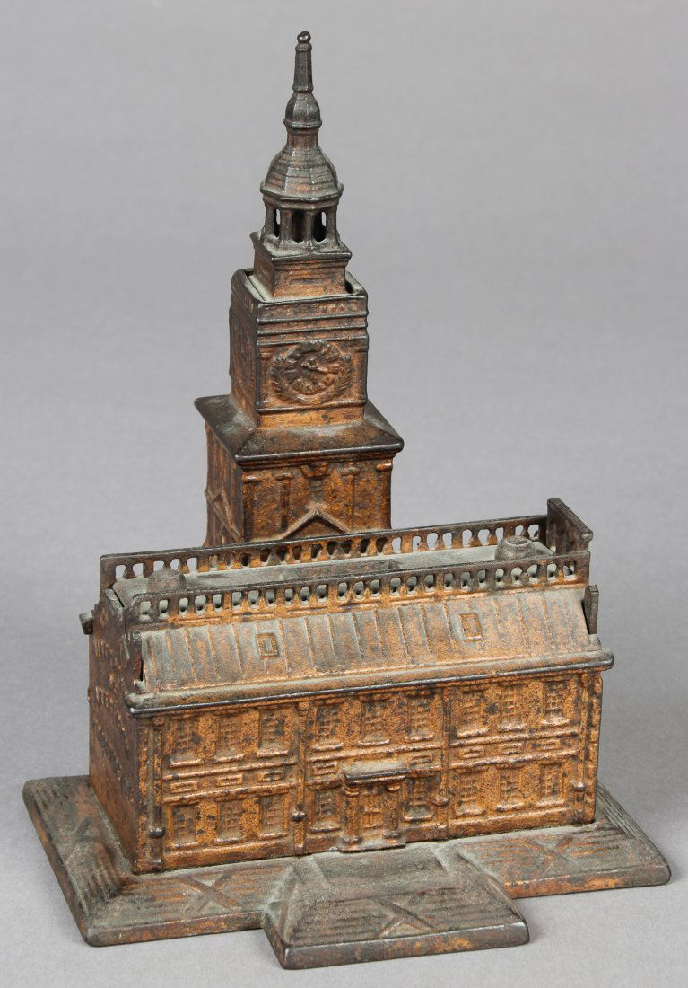 Independence Hall Cast Iron Still Bank: Independence Hall Cast Iron Still Bank. Made by Enterprise Mfg Co., Philadelphia. Size: 9" x 6.75" x 6.25" (23 x 17 x 16 cm). Provenance: Suburban Philadelphia estate.