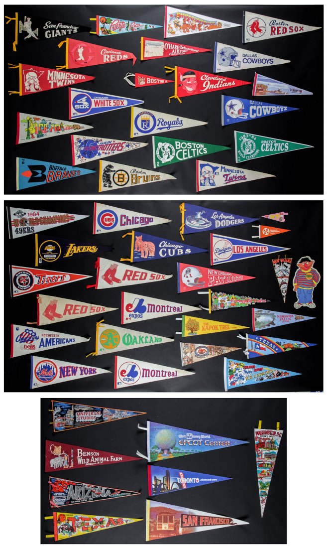 Large Lot of Vintage Sports and Souvenir Pennants: Large Lot of Vintage Sports and Souvenir Pennants. Mid to late 20th C baseball, football, hockey and basketball pennants along with travel souvenirs. Size: various.