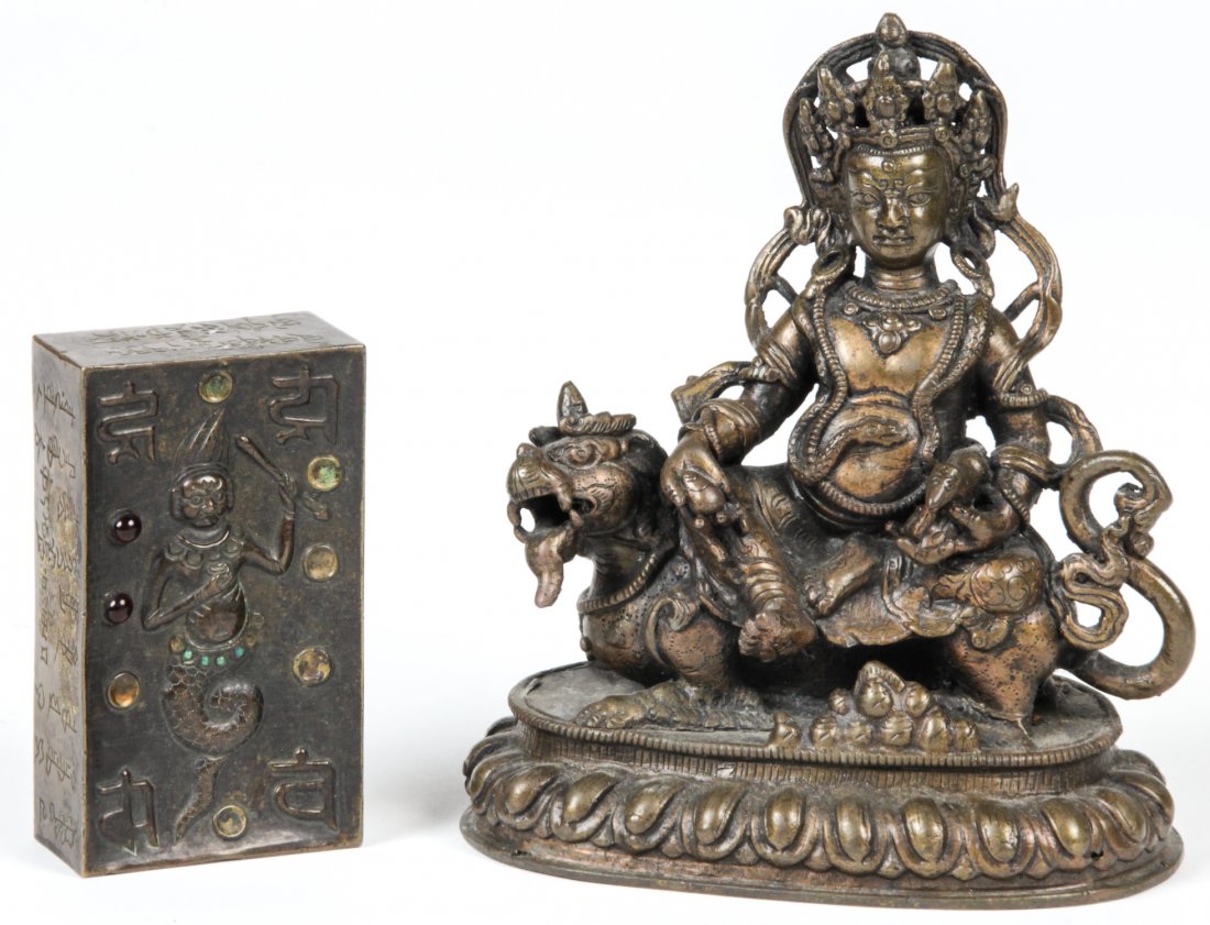 2 Tibetan and Nepali Bronze Items, 18th/19th C.: 2 Tibetan and Nepali Bronze Items: A Tibetan incised bronze sealed box/plaque, 18th century. A Nepalese cast bronze seated figure of Vajrapani, 19th century.Size: 4.25" x 2.5" x 1.75" (10 x 6 x 4 cm).
