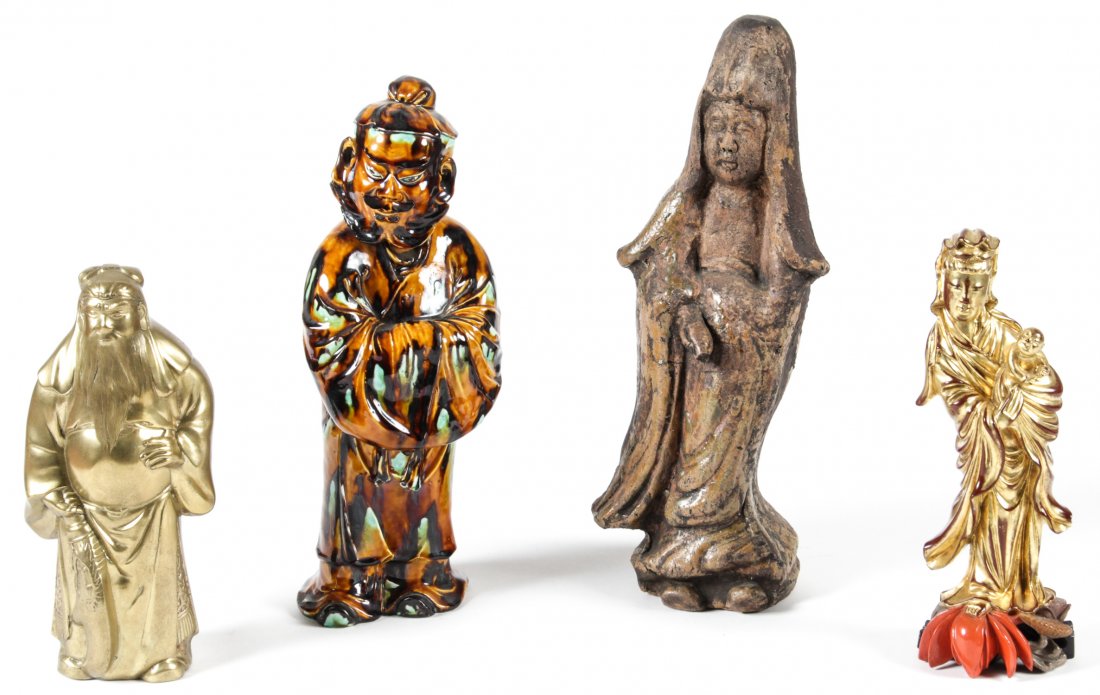 4 Asian Metal and Porcelain Figures: 4 Asian Figures. Consisting of a 19th century Chinese gilt and lacquer painted wood Songzi Guanyin, a 20th century Chinese gilt brass figure of standing Guanyu, an Edo period Japanese glazed earthenwa