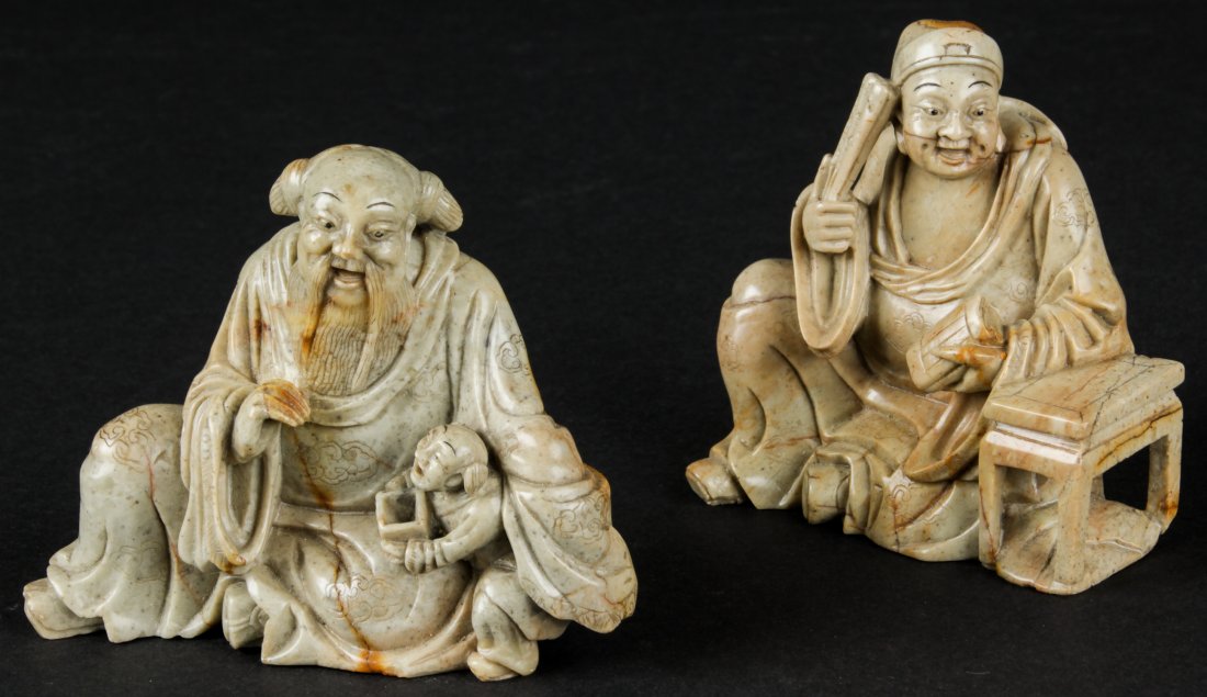 2 Chinese Stone Carvings, Qing Dynasty: 2 Chinese Stone Carvings, Qing Dynasty: A yellow soapstone carving of a poet; A yellow soapstone carving of Daoist immortal with his attendant. Largest size: 4" x 5" x 1.75" (10 x 13 x 4 cm). Provenan