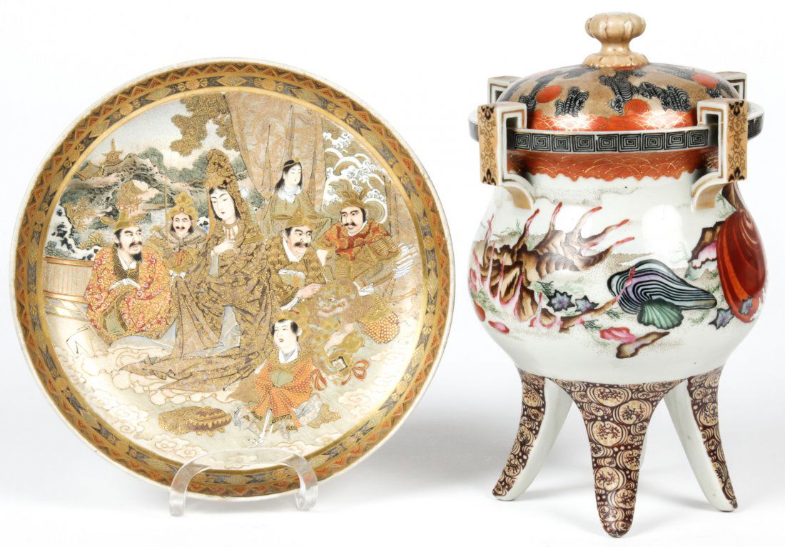 2 Antique Japanese Satsuma and Seto Items: 2 Antique Japanese Satsuma and Seto Items: A fine 19th century satsuma earthenware plate depicting Kannon and various Buddhist figures signed Hododa; A Meiji period seto ware covered porcelain censer