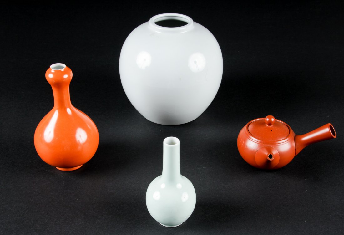 4 Asian Porcelain Items: Asian Porcelain. A 4 pc lot comprised of a 20th century Chinese monochrome white glazed globular porcelain jar, a miniature Chinese incised celadon glazed porcelain bottle vase together with a orange