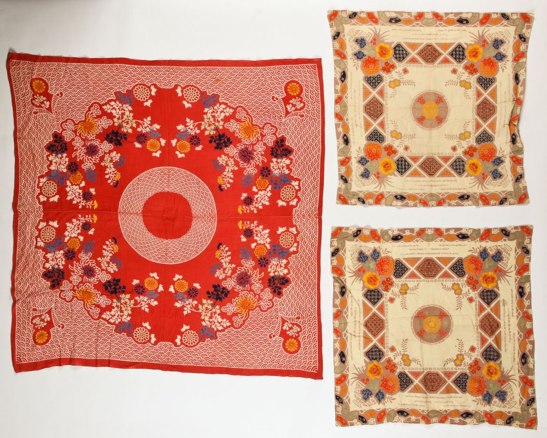 3 Old Japanese Printed Cotton: 47" x 47": 3 Old Japanese Printed Cotton. Size: 47" x 47", 119 x 119 cm (largest). Provenance: Estate of Robert Swan Lindsley and Eric Hoage, Philadelphia.