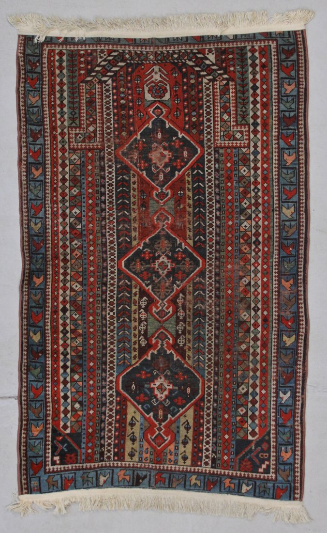 Antique Karabagh Prayer Rug: 3'4" x 5'3" (102 x 160 cm): Antique Karabagh Prayer Rug: 3'4" x 5'3" (102 x 160 cm), Caucasus, circa 1900; applied fringes at both ends. Provenance: Pennsylvania estate.