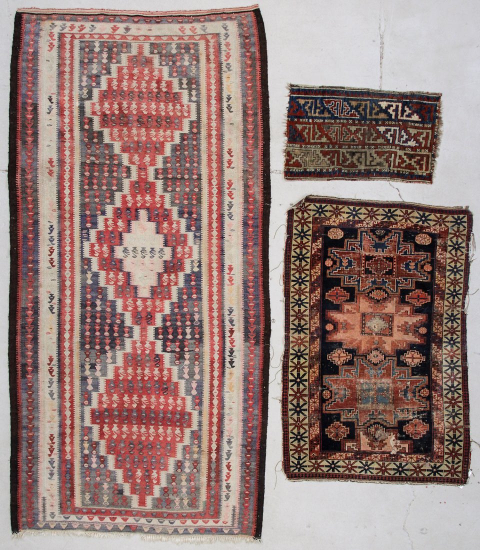 3 Antique Caucasian, Persian, Turkish Rugs: 3 Antique Caucasian, Persian, Turkish Rugs, including a Lesghi rug, a Persian kilim, and a small Turkish rug.Size: Ranging in size from 1'8" x 2'8" (51 x 81 cm) to 4'8" x 9'4" (142 x 284 cm). Provenan