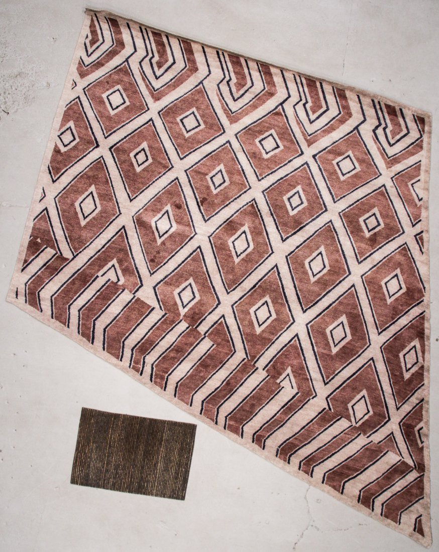 2 Tibetan Modern Rugs: 11' x 11' and 2' x 3': 2 Tibetan Modern Rugs, Nepal, wool, handknotted, one in irregular geometric shape. Size: 2' x 3' (61 x 91 cm) and 11' x 11' (335 x 335 cm).