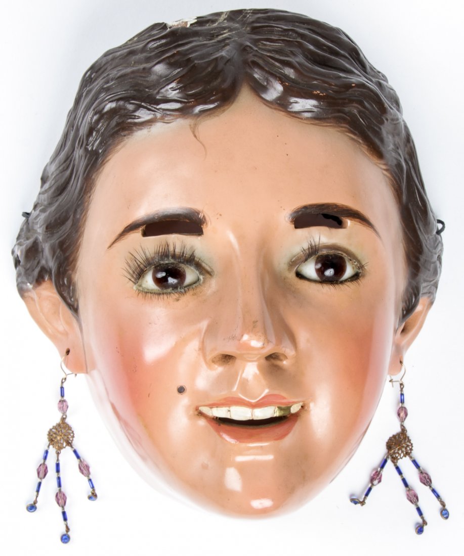 Vintage Mexican Festival Mask: Vintage Mexican Festival Mask. Female mask from the Dance of the Catrines (Dandies). Circa 1936. Size: 9" x 8" x 5" (23 x 20 x 13 cm). Prov: Richard and Jean Kellaway; Danforth Museum, Framingham, Mas