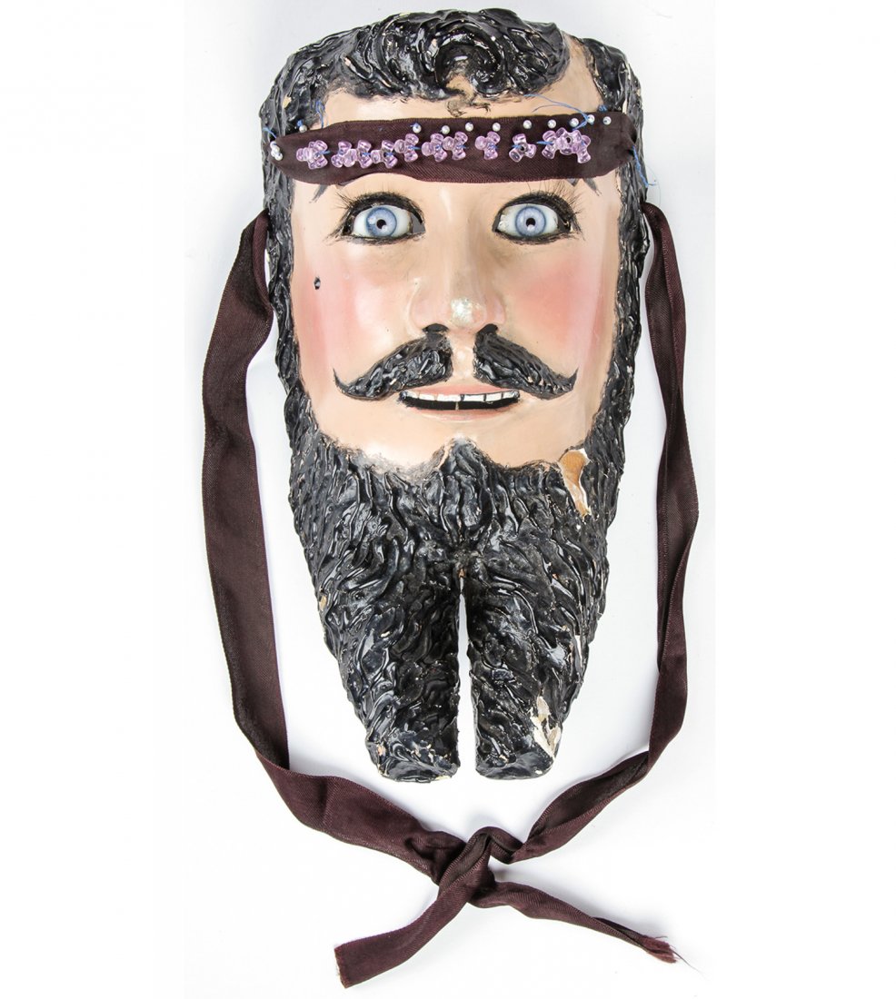 Vintage Mexican Festival Mask: Vintage Mexican Festival Mask. Mask from the Dance of the Catrines (Dandies). Size: 11.75" x 7.5" x 5" (30 x 19 x 13 cm). Prov: Richard and Jean Kellaway; Danforth Museum, Framingham, Mass., included 