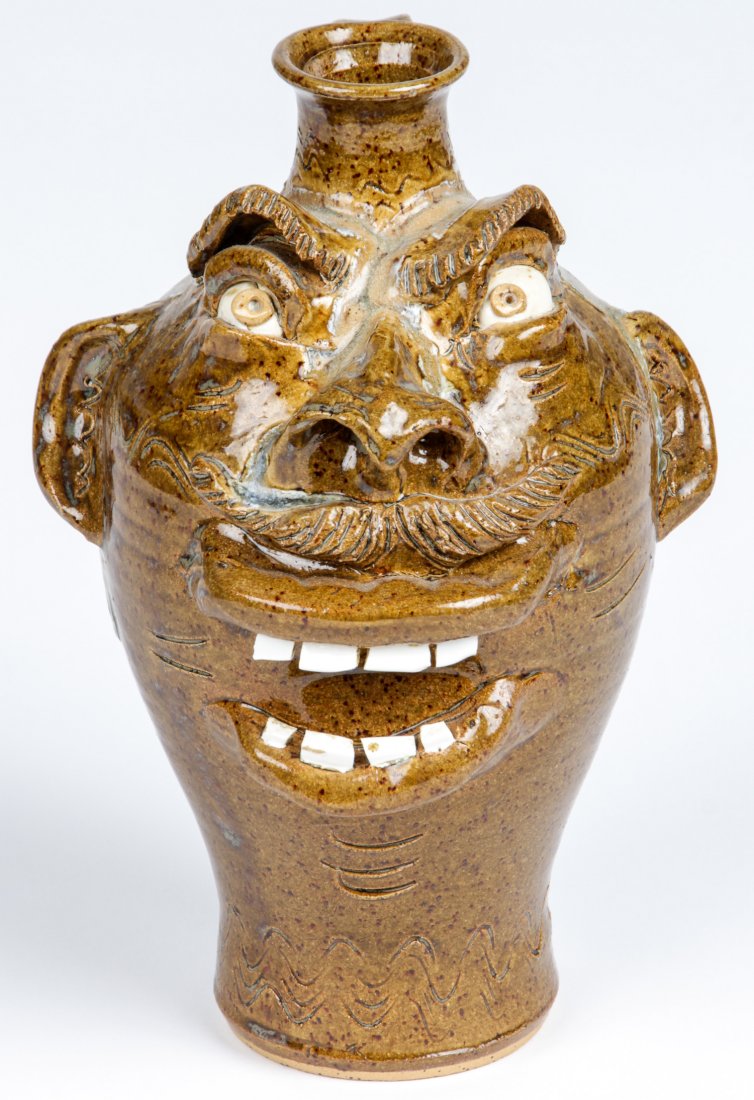 Terry King Face Jug: Terry King Face Jug. Signed King's Pottery NC. Size: 9.75" x 6.5" x 6" (25 x 17 x 15 cm). Prov: Richard and Jean Kellaway; Danforth Museum, Framingham, Mass.
