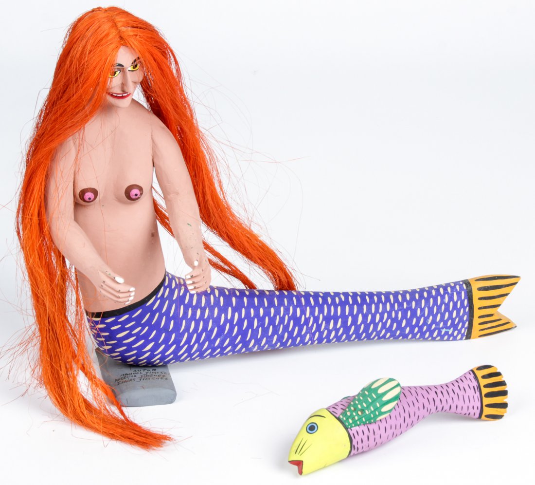 Jimenez Family Mermaid and Fish: Jimenez Family Mermaid and Fish. Oaxacan. Signed Manuel, Angelico, and Isaias Jimenez. Size: 9.5" x 4" x 2.5" (24 x 10 x 6 cm) and 15.5" x 19" x 6.5" (39 x 48 x 17 cm). Prov: Richard and Jean Kellaway