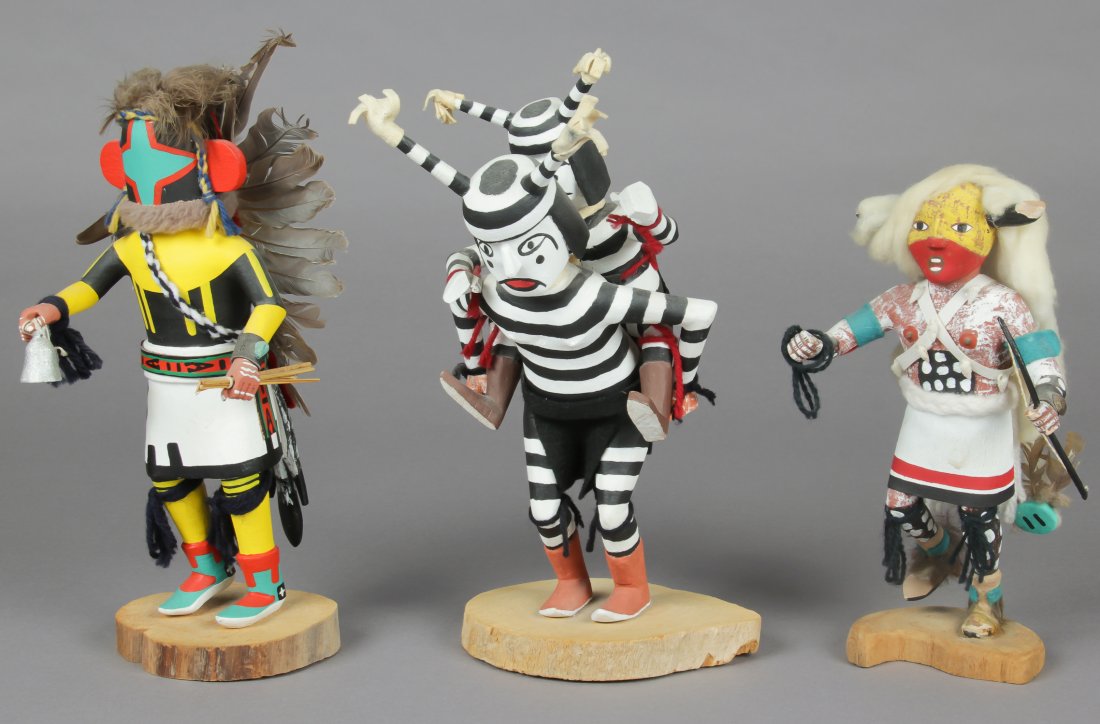 3 Signed Hopi Kachinas: 3 Signed Hopi Kachinas. Consisting of an example by Alex Dennis, Ted Francis and Bruce Auguh. Size: 11.5" x 6.5" x 7", 29 x 17 x 18 cm (largest). Provenance: Suburban Philadelphia estate.