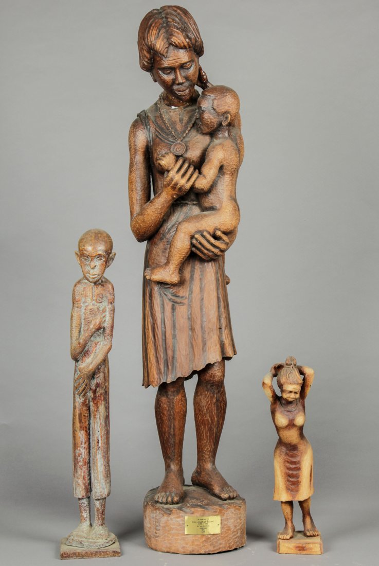 3 Haitian Carved Wood Sculptures: 3 Haitian (20th c.) Carved Wood Sculptures, tallest signed Jacques Midi (20th c.). Ranging in height from 19" (48 cm) to 53" (135 cm).